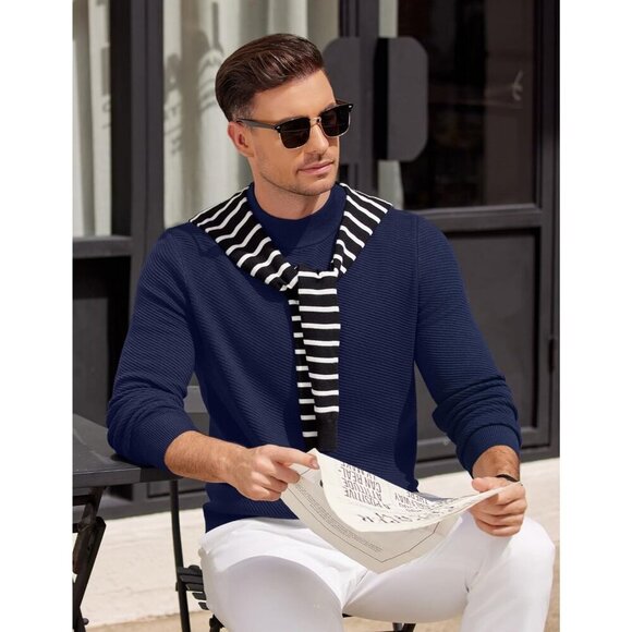 Coofandy Men Blue Purple Mock Turtleneck Knitted Half Neck Pullover Sweaters - Picture 6 of 6